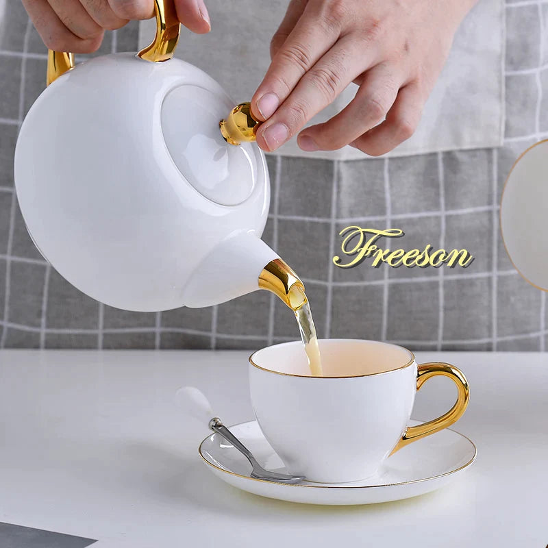 Afralia™ Elegant Bone China Tea Set | Porcelain Teacup & Teapot Set White Gold