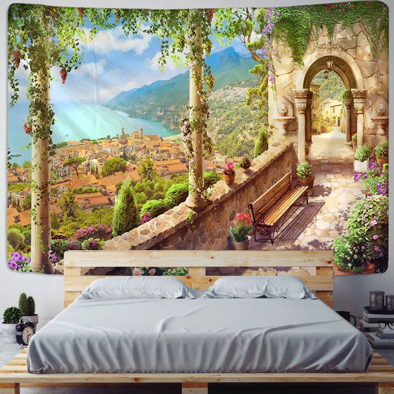 Afralia™ Green Plant Landscape Tapestry | Boho Wall Hanging for City Castle Hill