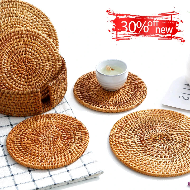 Afralia™ Round Natural Rattan Coasters - Handmade Cup Mat for Kitchen Decoration