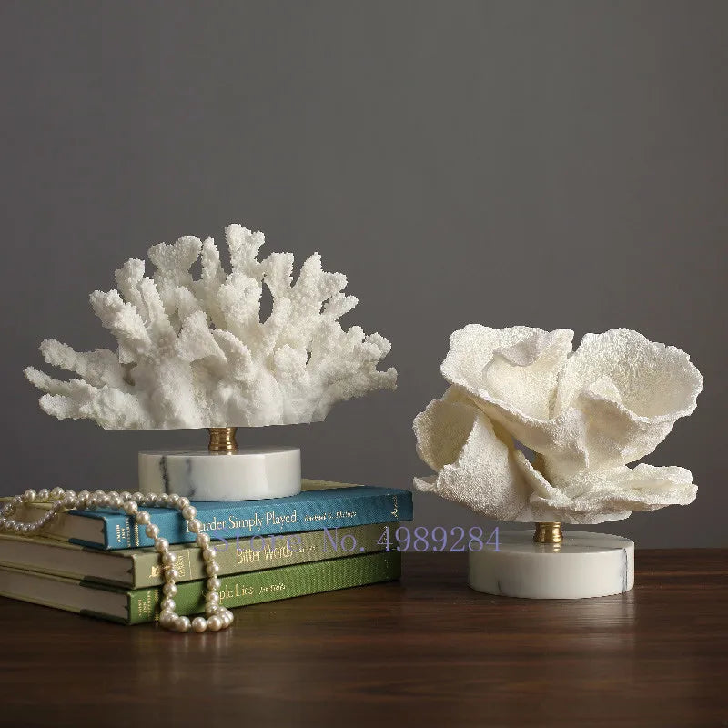 Afralia™ Resin Coral Handicraft on White Marble Base Home Decor Simulation Animal