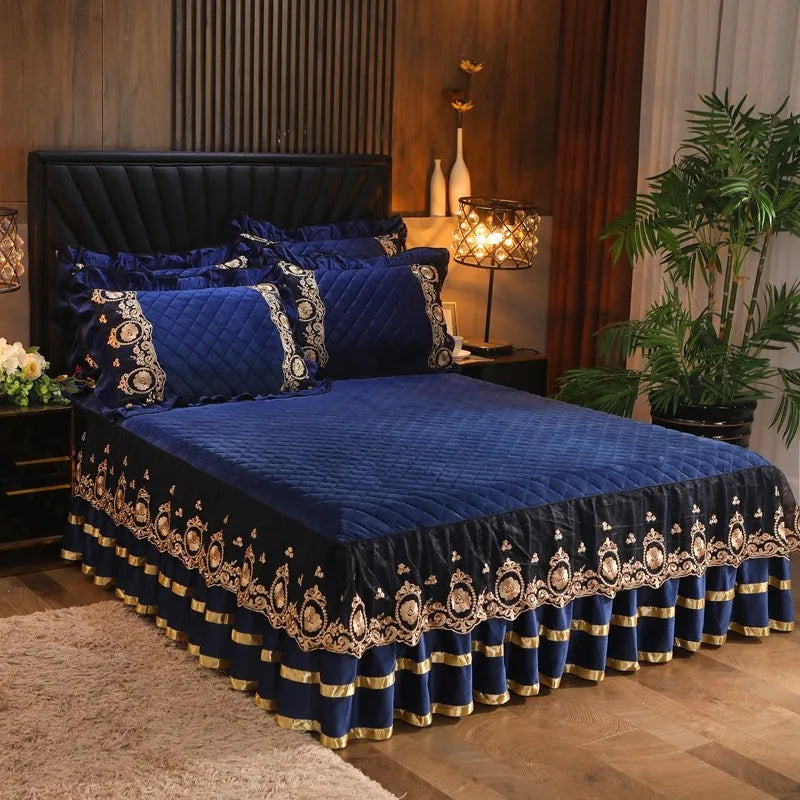 Afralia™ Crystal Velvet Bedspread Set with Super Soft Quilting & Lace Bedskirt