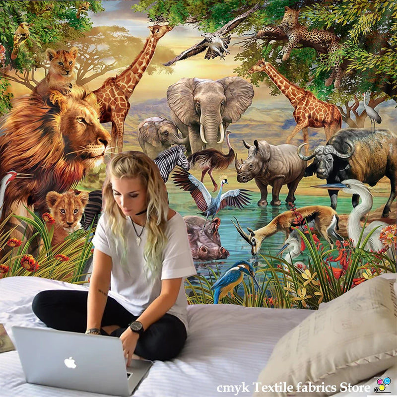 Afralia™ Lion Tapestry African Grassland Animals Cartoon Wall Hanging Blanket