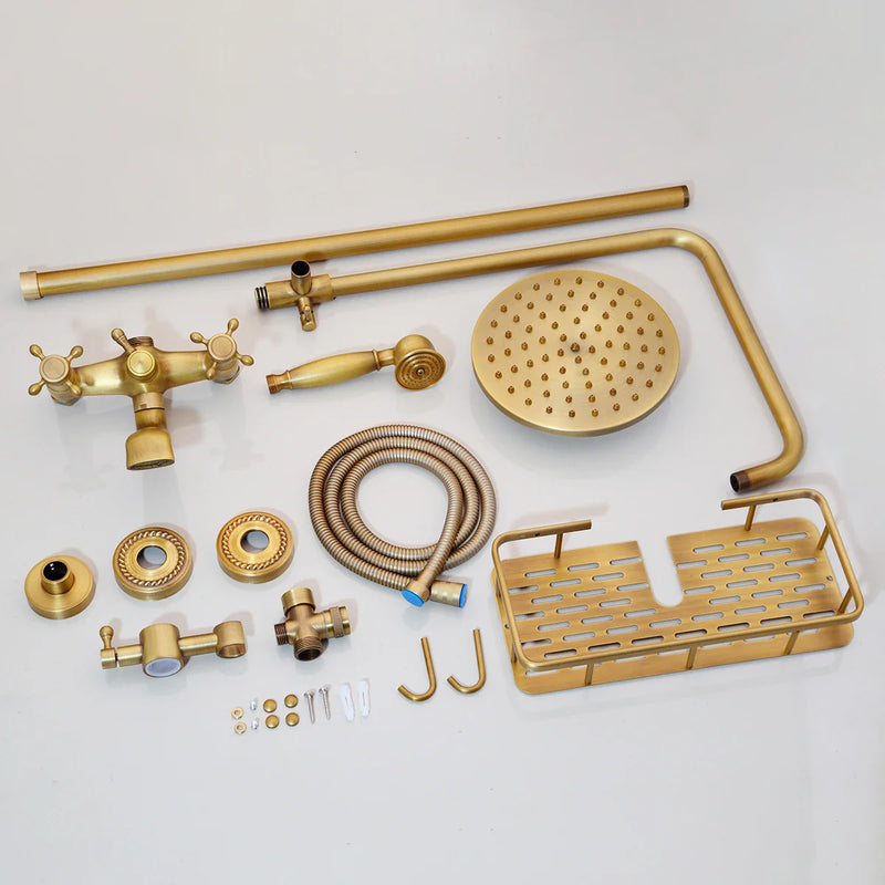 Afralia™ Antique Brass Rainfall Shower Faucet Set with Handshower and Shelf