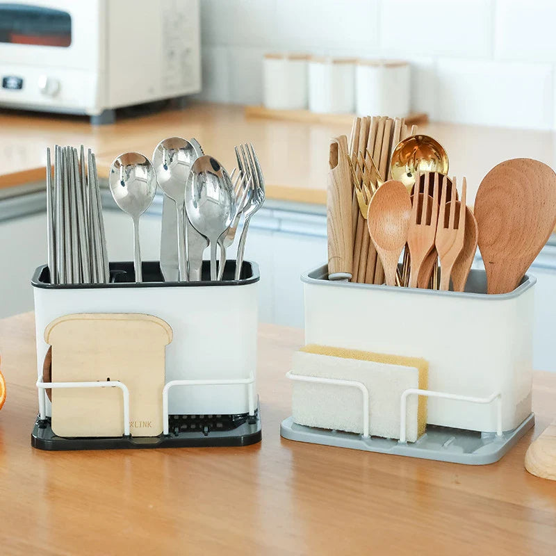 Afralia™ Double Grid Cutlery Organizer Drainer - Kitchen Utensil Holder and Sponge Rack