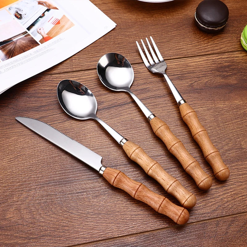 Afralia™ Stainless Steel Wood Handle Cutlery Set for Western Food Desserts