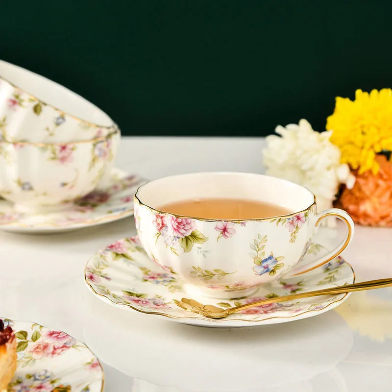 Afralia™ Elegant Flower Tea Cup Set with Spoon & Saucer