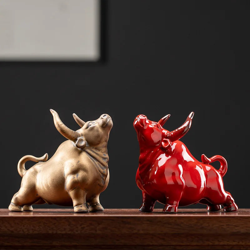 Afralia™ Bull Figurines: Porcelain Animal Statue for Home Office Decor