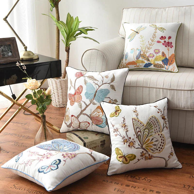 Afralia™ Butterfly Floral Cotton Embroidered Pillow Cover 45x45cm Home Decor Square