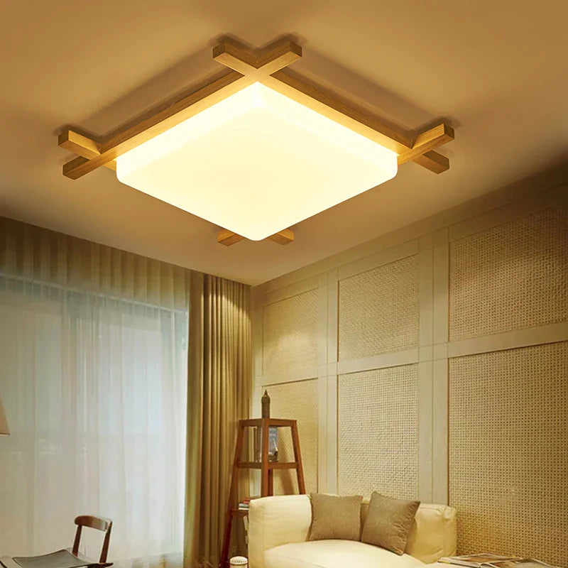 Afralia™ Japanese Wood Ceiling Light Tatami Lamp Flush Mount Living Room Bedroom Square