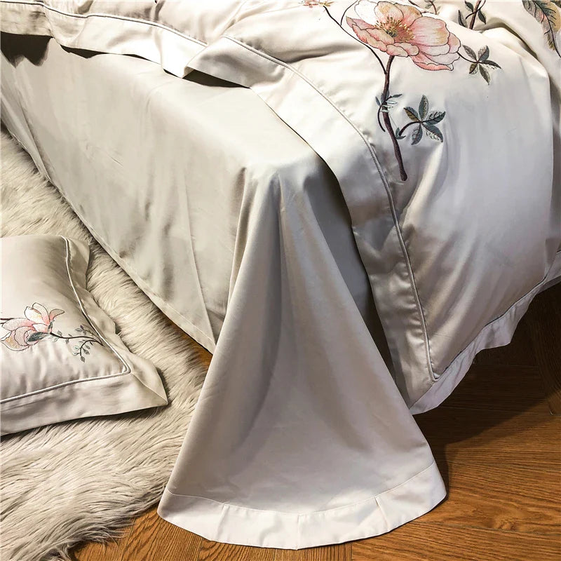 Afralia™ Luxury Bloom Flowers Embroidered Grey White Bedding Set