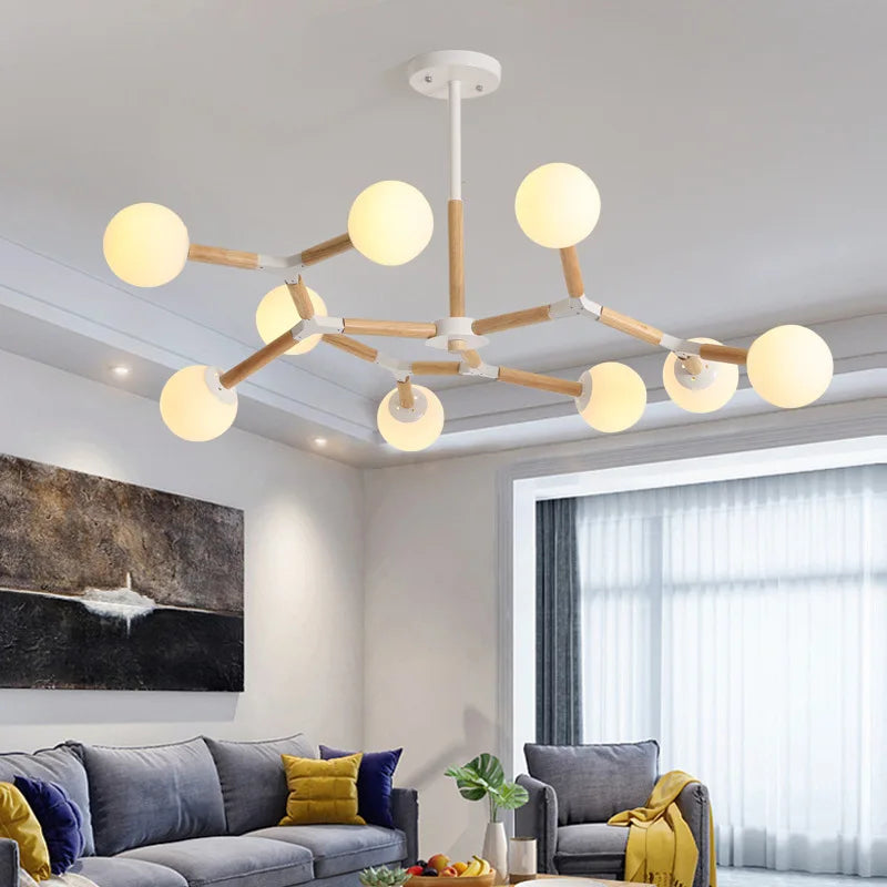 Afralia™ Nordic Wood Iron Glass Ball Chandelier LED Light Luxury Living Bedroom Restaurant Bar