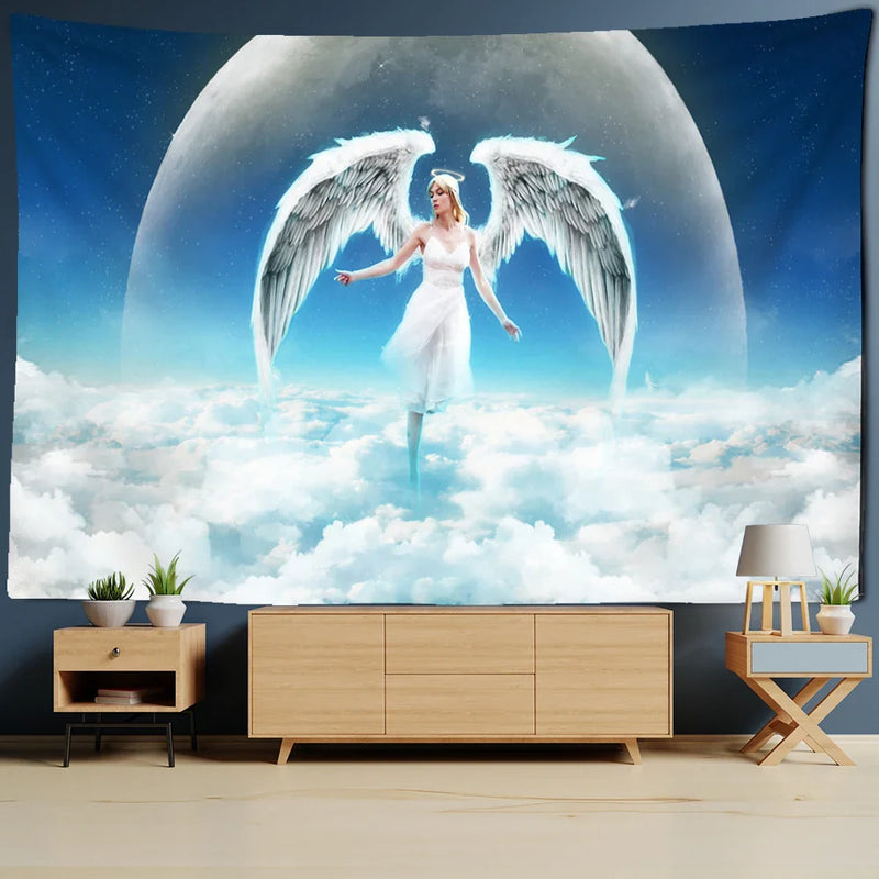 Afralia™ Angel Tapestry Wall Hanging: Blue Sky White Clouds Halo Bohemian Art Decor