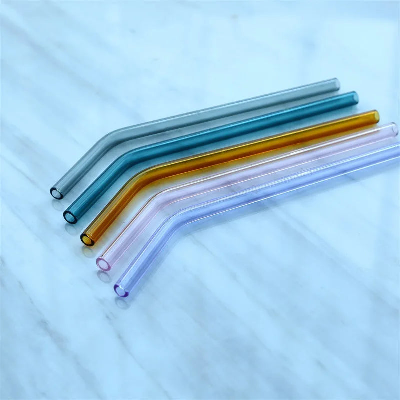 Afralia™ 6Pcs Colorful Glass Curved Juice Straws - Heat-resistant and Transparent