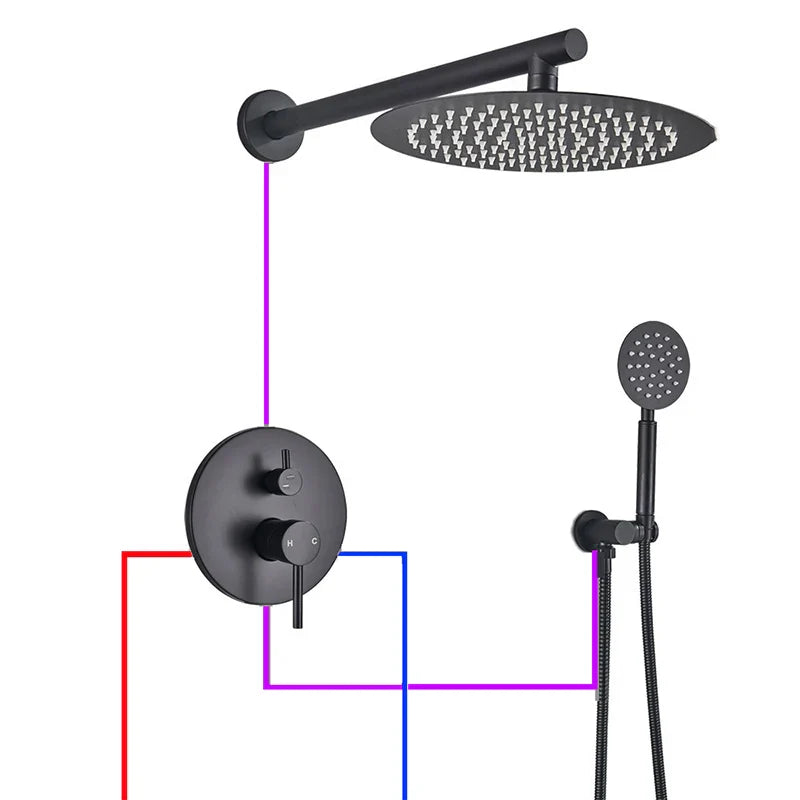Afralia™ Matte Black Brass Round Bathroom Shower Faucet 2 Function Mixer Set