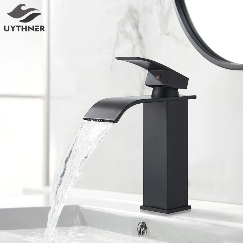 Afralia™ Black Brass Bathroom Waterfall Sink Faucet Hot&Cold Mixer Vanity Tap Deck Mounted