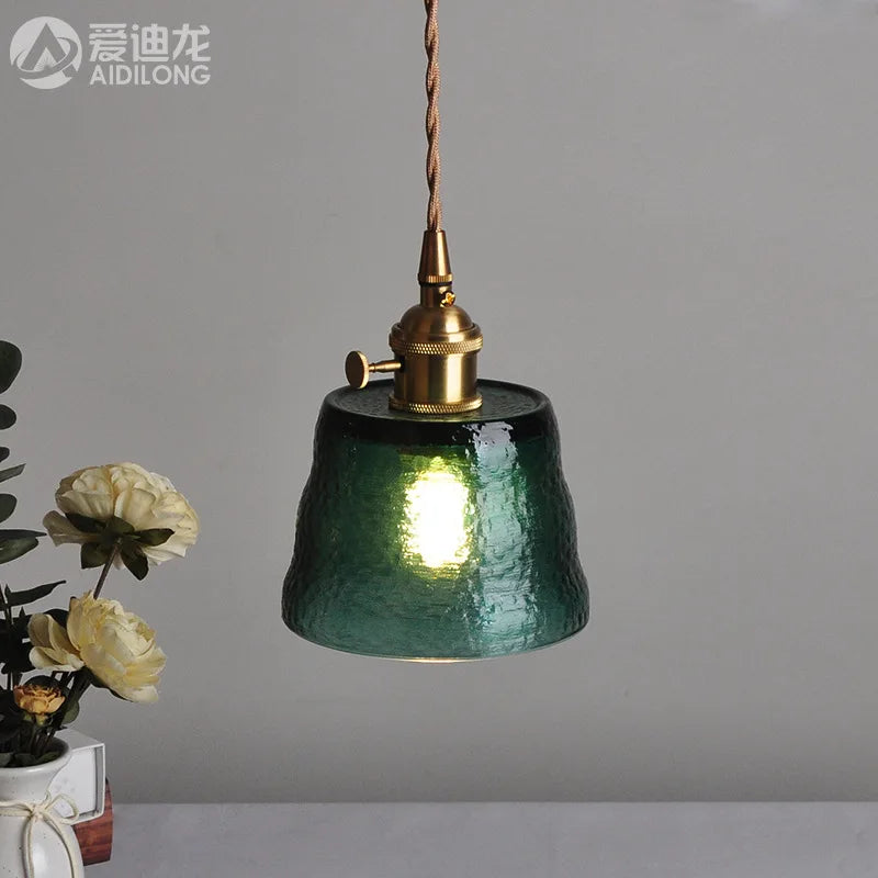 Afralia™ Green Glass LED Pendant Light - Japanese Style Nordic Copper Hanging Lamp