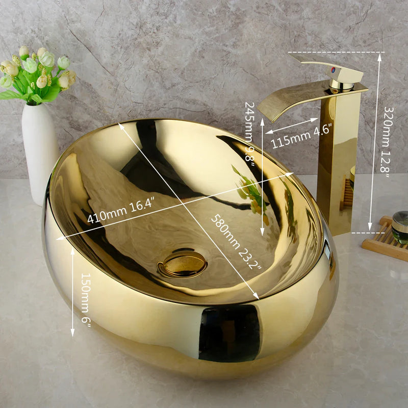 Afralia™ Golden Plated Ceramic Basin Sink & Faucet Tap Set with Pop Drain