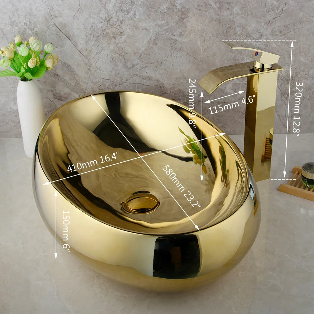 Afralia™ Gold Ceramic Basin Sink & Brass Faucet Set with Pop Drain