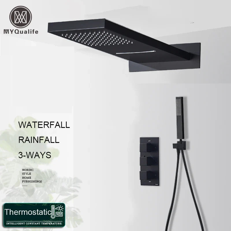 Afralia™ Matte Black Thermostatic Rain Waterfall Shower Set Wall Mounted Triple Shower Faucet