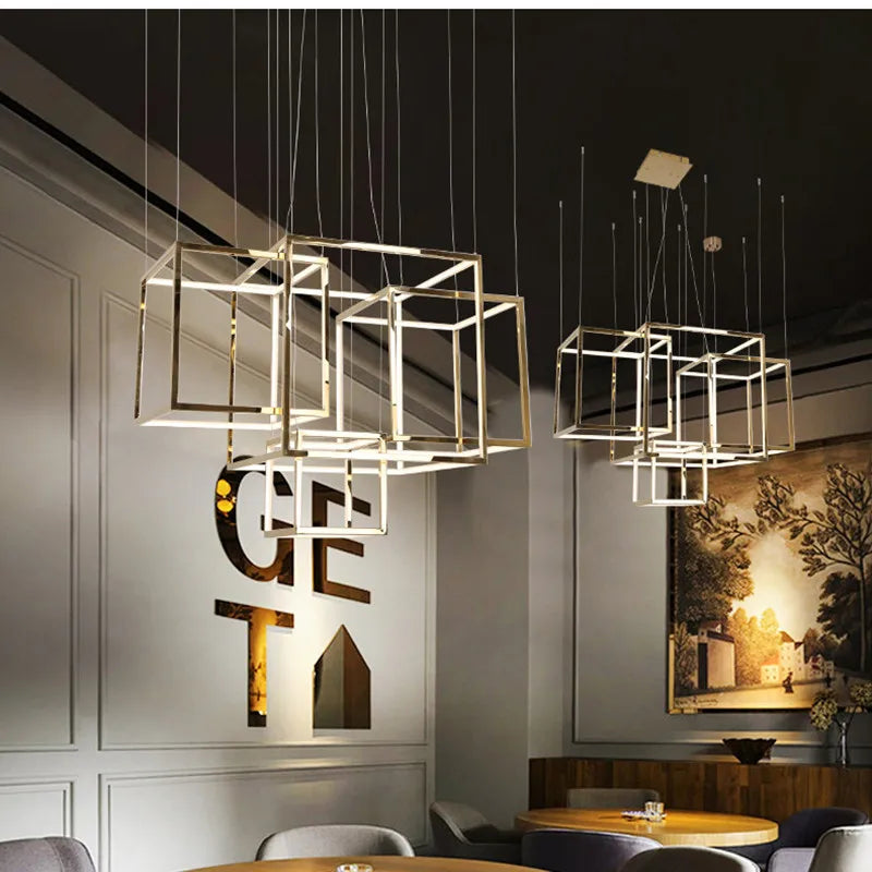 Afralia™ Luxury Golden Square LED Chandelier | Modern Art Design for Living Room Lobby