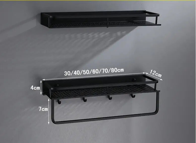 Afralia™ Black Aluminum Bathroom Shelf with Towel Bar Wall Mounted - Bath Shower Shampoo Holder