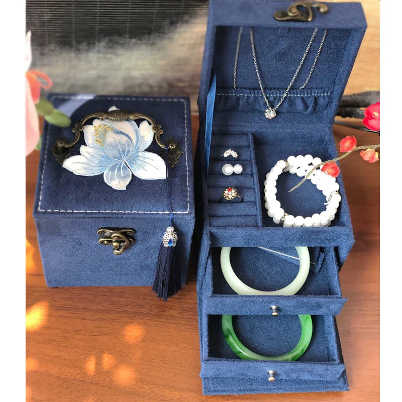 Afralia™ Three-Layer Floral Embroidery Jewelry Organizer & Makeup Box