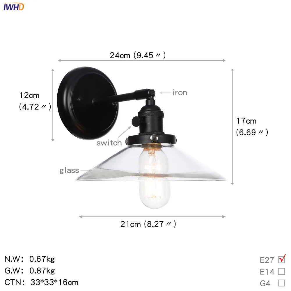 Afralia™ Loft Glass Ball Wall Light Switch Black Wall Sconces - Industrial Decor