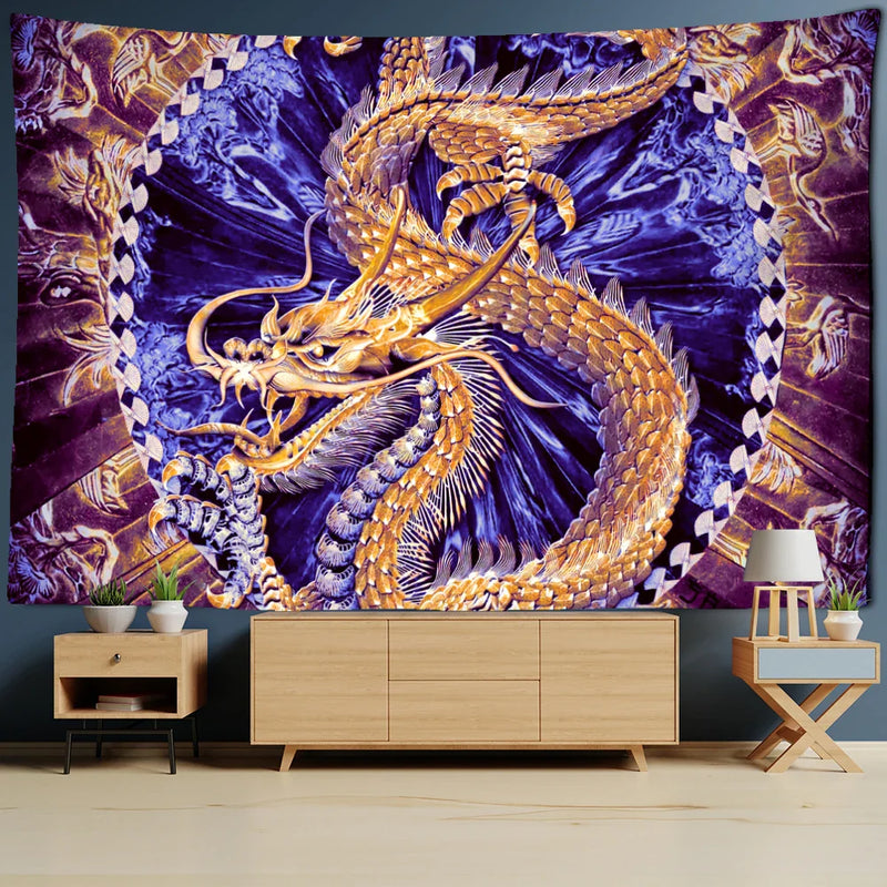 Afralia™ Golden Loong Dragon Totem Tapestry, Cartoon Castle Wall Hanging & Home Decor Art