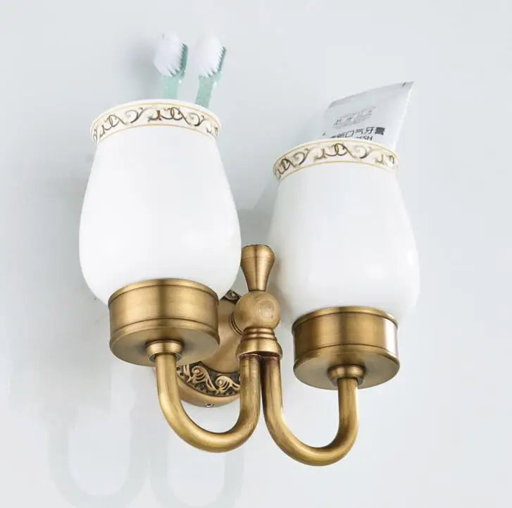 Afralia™ Brass Double Cup Holder with Glass Tumbler - Bathroom Toothbrush Cup Holder