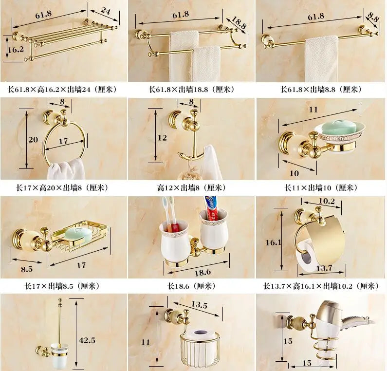 Afralia™ Brass Jade Bathroom Hardware Set: Corner Shelf, Paper Holder, Towel Bar, Soap Basket, Rack.