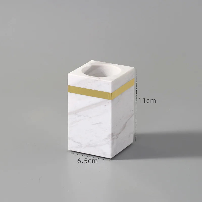 Afralia™ Volakas White Marble Bathroom Set Luxury Bath Accessories Gold Accents