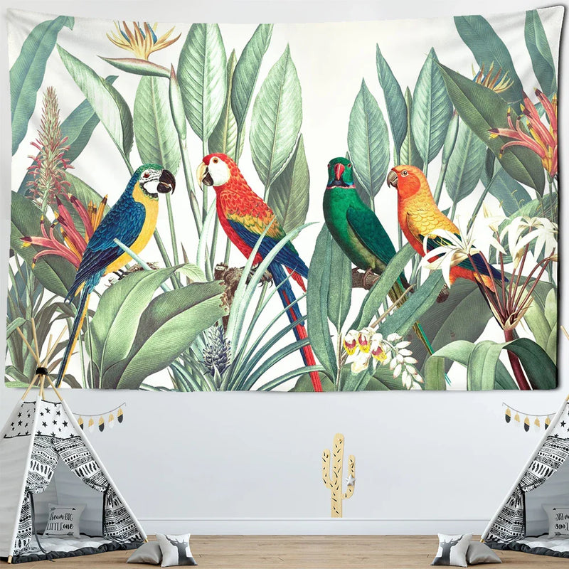 Afralia™ Tropical Palm Parrot Tapestry Wall Hanging - Beach Wall Cloth Carpet
