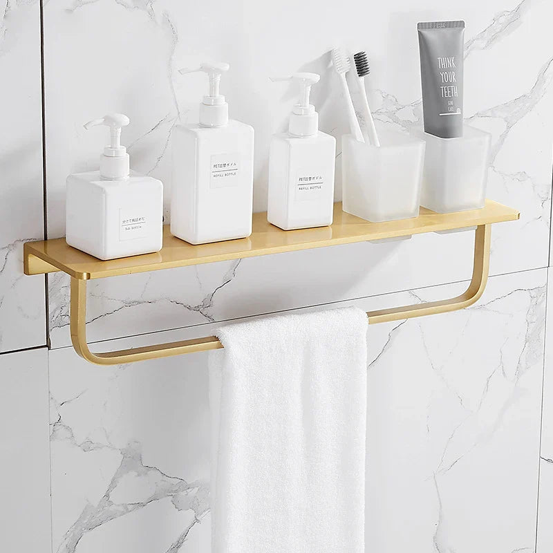 Afralia™ Brushed Gold Bathroom Set: Shelf, Towel Rack, Holder, Toilet Brush - Bath Hardware