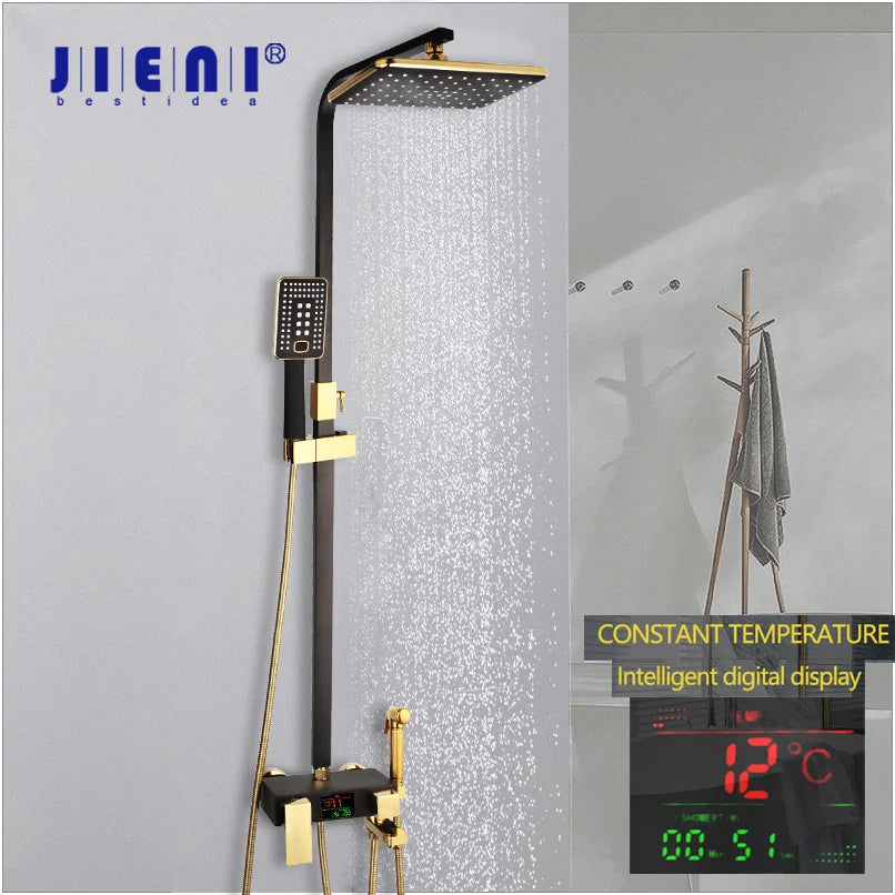 Afralia™ LED Digital Shower Set - Wall Mounted Thermo Mixer Square Spray
