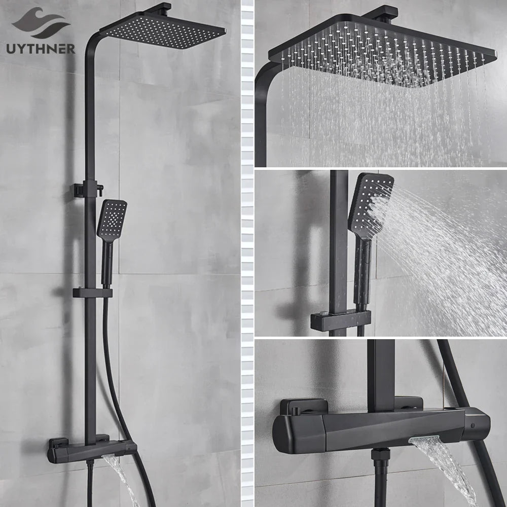 Afralia™ Thermostatic Black Shower Faucet Set with Rain Shower Head - Wall Mounted