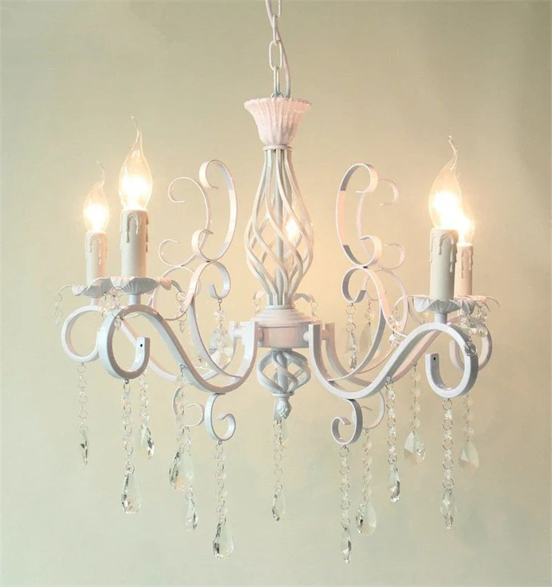 Afralia™ Vintage Wrought Iron Crystal Chandelier White Ceiling Lamp with E14 Candle Lights