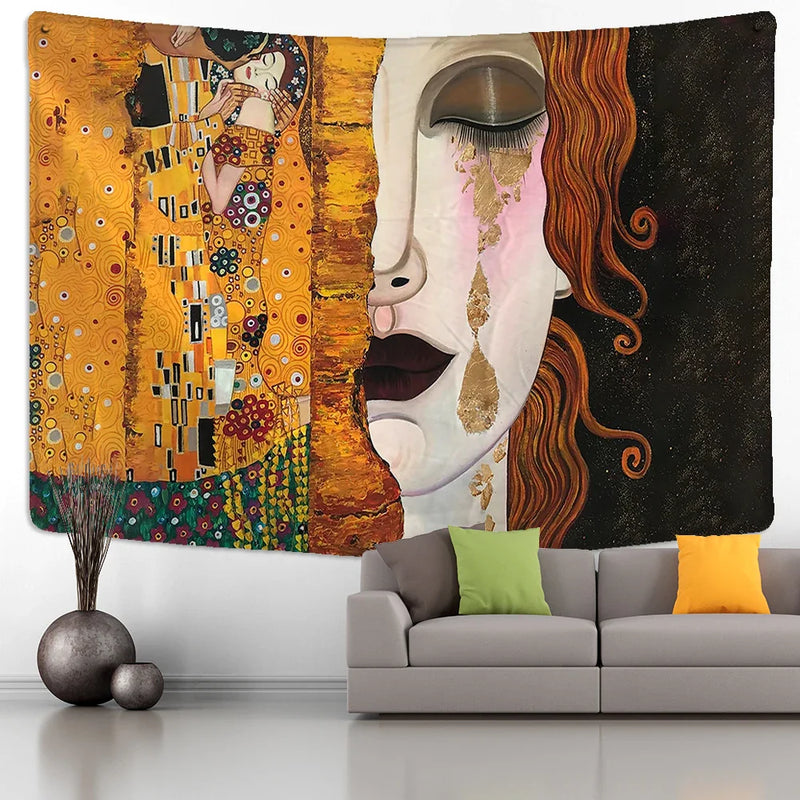 Afralia™ Gold Kiss Oil Painting Tapestry Wall Hanging Art Blanket