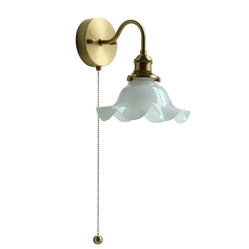Afralia™ White Glass LED Wall Light with Pull Chain Switch for Bedroom Bathroom Mirror