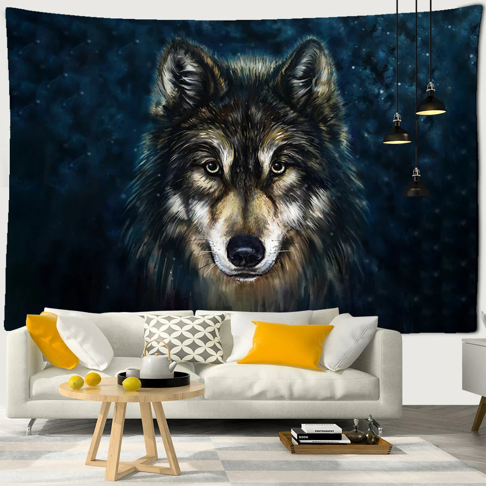 Afralia™ Wolf's Gaze Tribal Animals Tapestry Wall Hanging for Home Decor