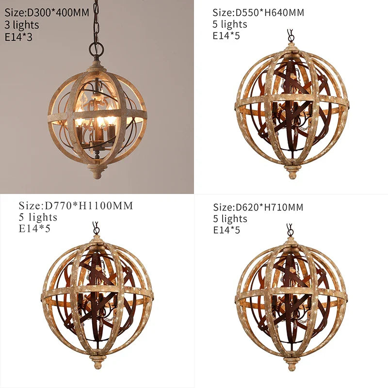 Afralia™ Antique Wood Globe Chandelier for Bedroom Living Room Kitchen Dining Room