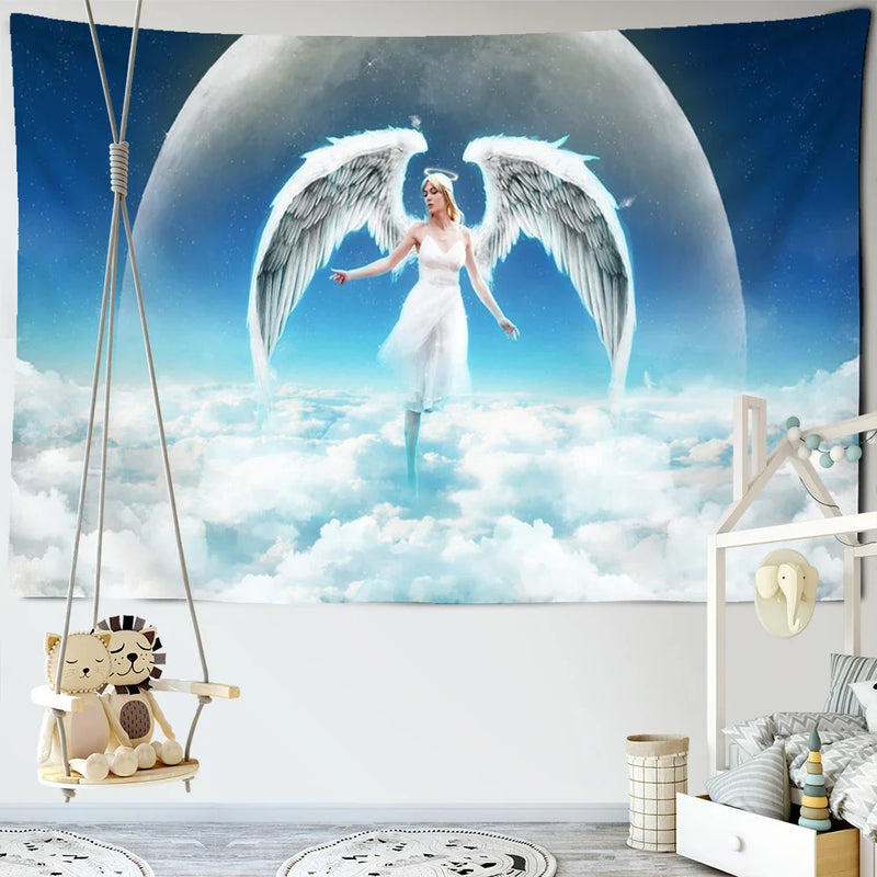 Afralia™ Angel Tapestry Wall Hanging: Blue Sky White Clouds Halo Bohemian Art Decor