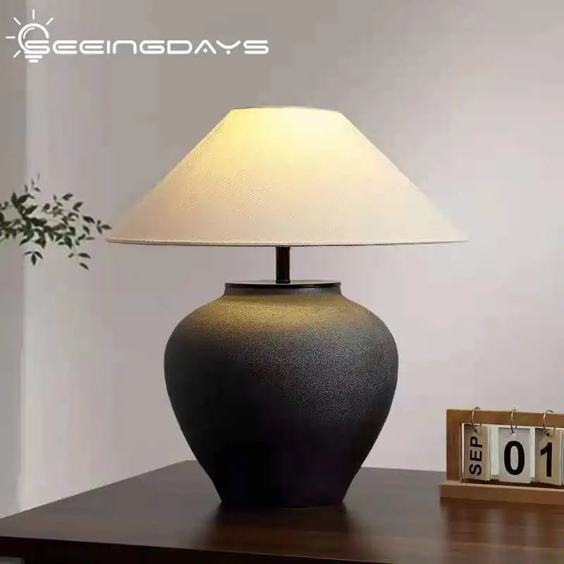 Afralia™ Ceramic Table Lamp | Retro Japanese Designer Lamp | Handmade Pottery | Bedroom Living Room Decor