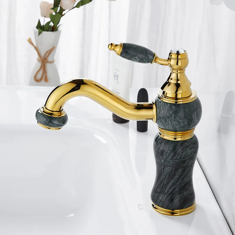 Afralia™ Gold Brass and Marble Bathroom Basin Faucet Cold Hot Water Mixer Sink Tap