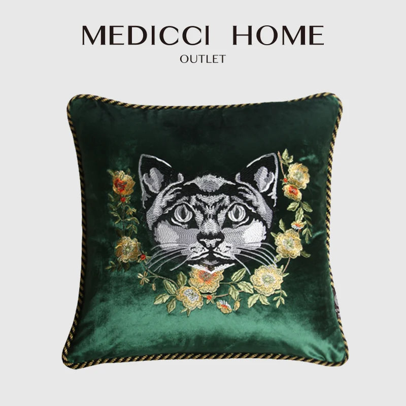 Afralia™ Pink Velvet Cat Embroidery Cushion Cover with Ruffled Edges