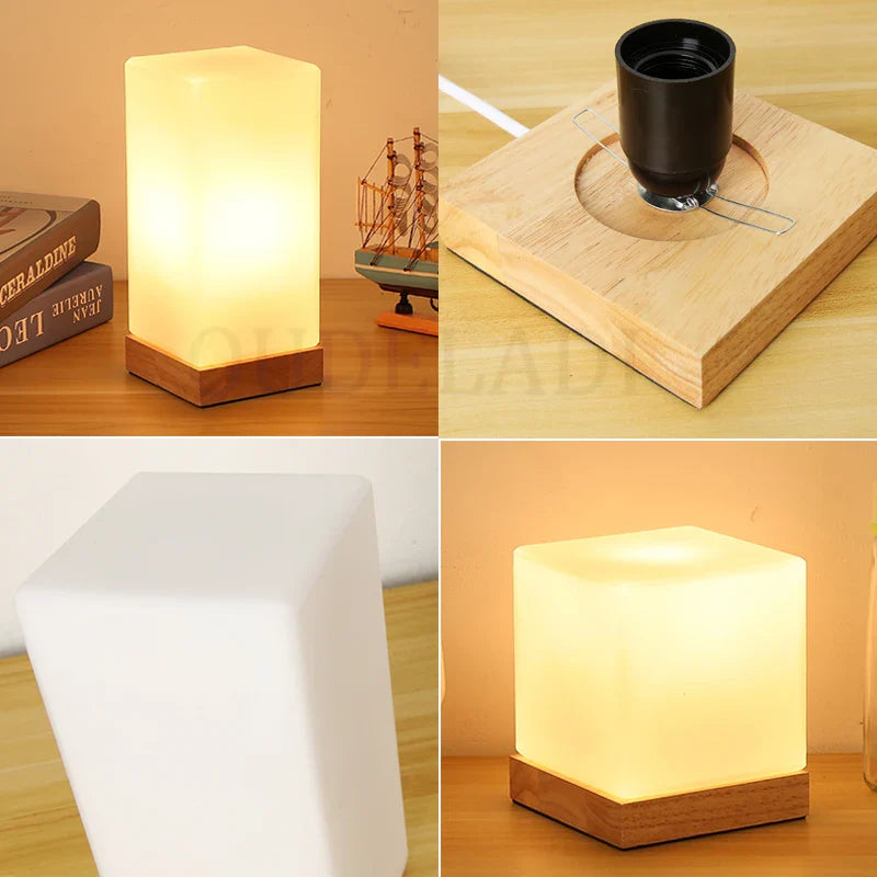 Afralia™ Solid Wood Glass Night Light Warm Living Room Bedside Lamp