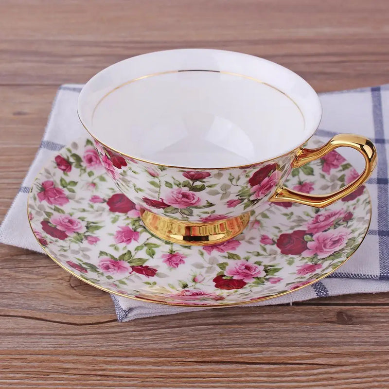 Afralia™ Romantic Flower Bone China Tea Cup Saucer Spoon Set 200ml