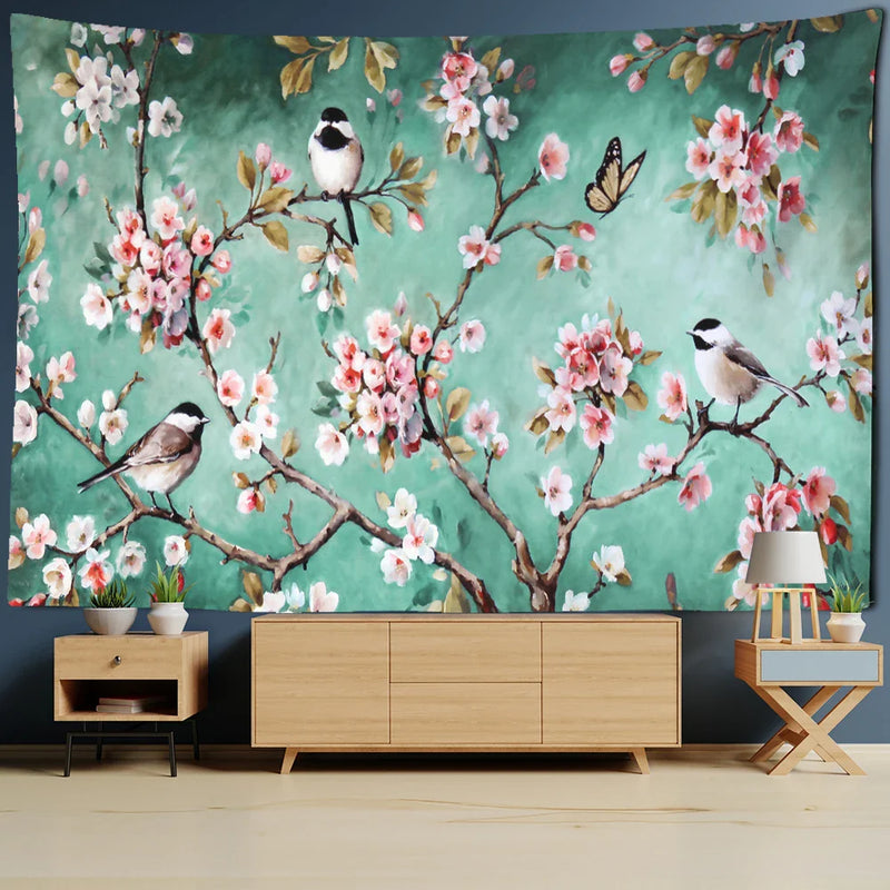 Afralia™ Flower Bird Chinese Painting Tapestry Wall Hanging Bohemian Style Home Decor