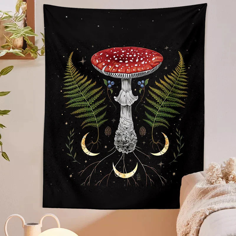 Afralia™ Mushroom Moon Phase Tapestry Wall Hanging - Vintage Hippie Bohemian Psychedelic Home Decor