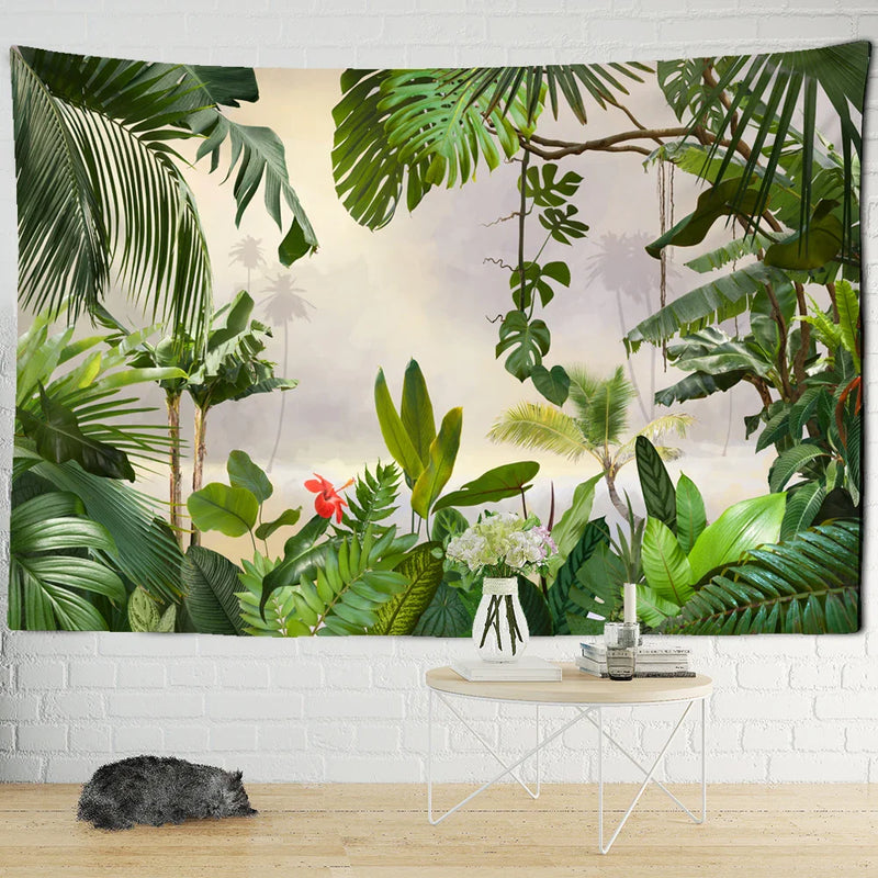 Afralia™ Botanical Palm Leaf Green Tapestry | Tropical Rainforest Plant Wall Hanging