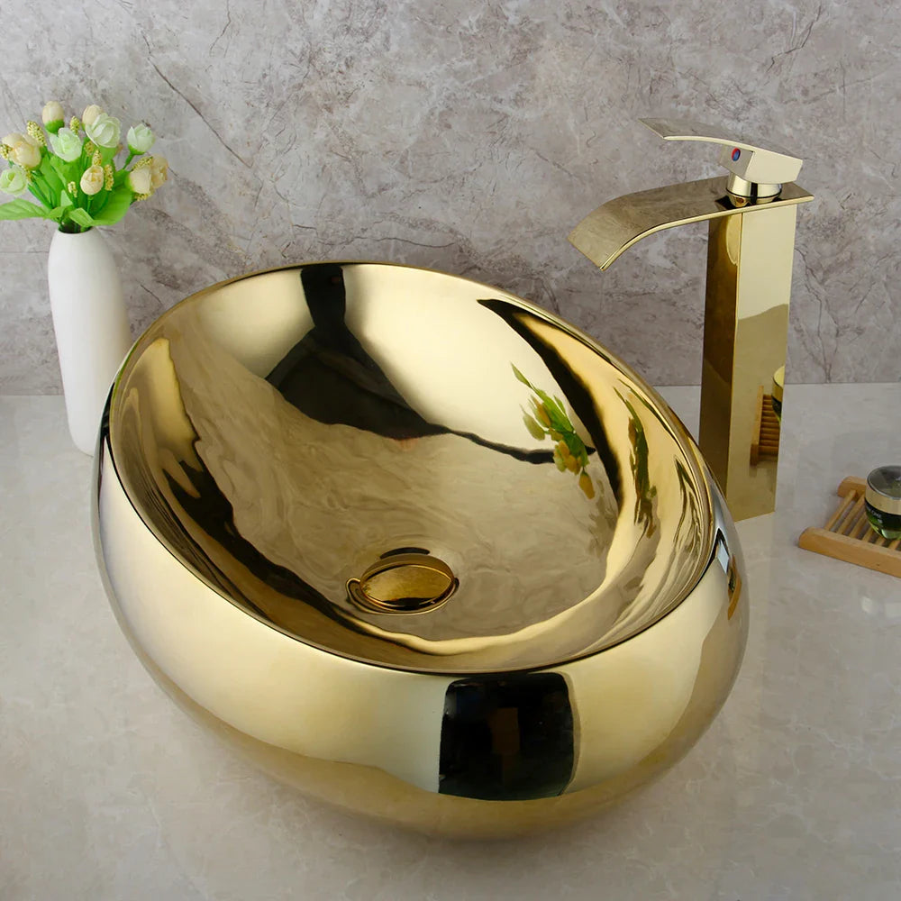 Afralia™ Gold Ceramic Basin Sink & Brass Faucet Set with Pop Drain